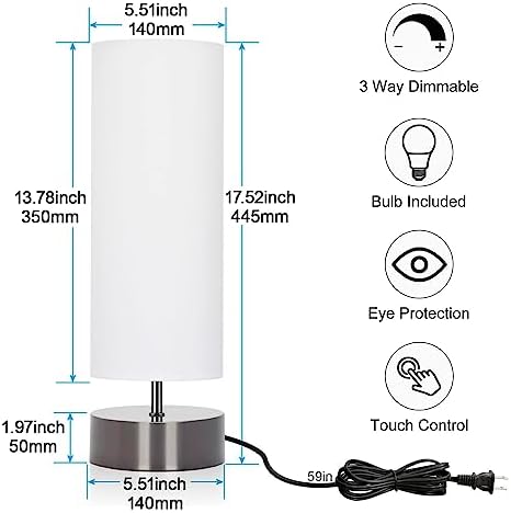 Touch Table Lamp, 3-Way Dimmable Bedside Lamp with Cylinder Fabric Shade