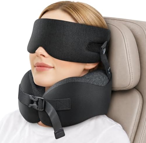 Travel Pillow for Long Flight Airplanes, Head Strap Combo & Eye Mask for Sleep, Airplane Neck Pillow with 360° Support Memory Foam to Prevent Head Bobbing, Road Trip Essentials, EVA Case, Black
