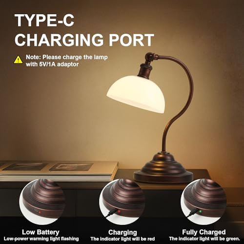 Cordless Table Lamp, Battery Operated Vintage Desk Light, Bronze & White
