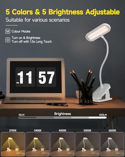 CUHIOY Rechargeable Clip on Light, Bed Headboard Reading Lamp, White