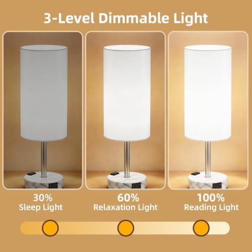 Table Lamp, Dimmable Touch, AC Outlet, USB A+C (White&Marble)