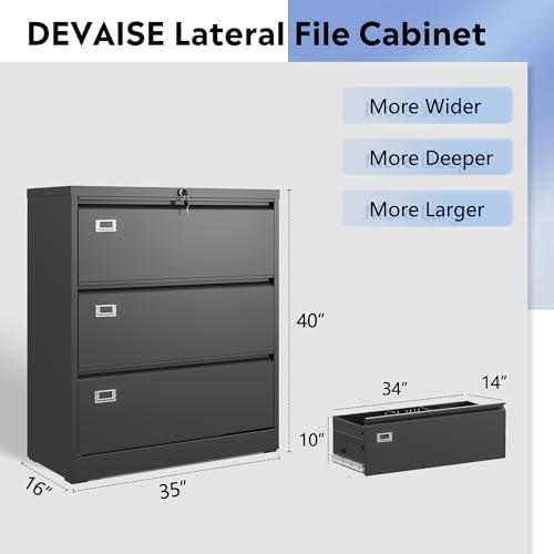 DEVAISE 3 Drawer Lateral File Cabinet for Home Office, Assembly Required