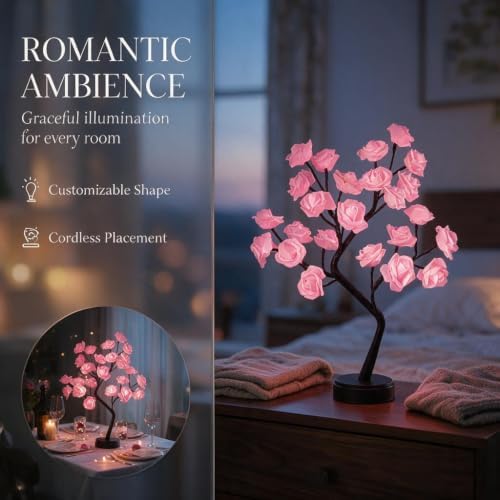 Rose Tree Lamp Flower Light with Pink Beads