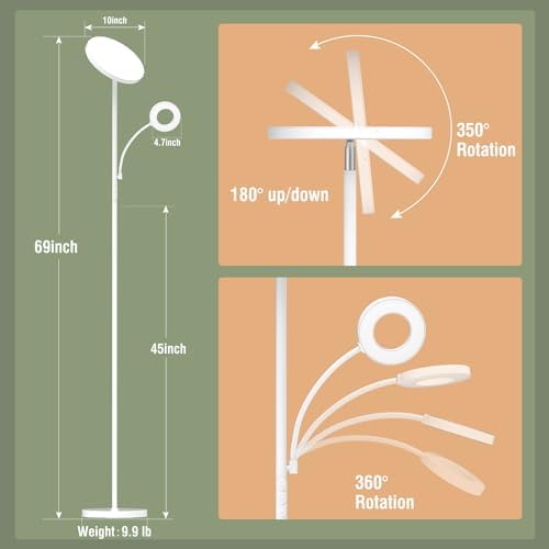 marctronic White Floor Lamp, 42W 4000LM Super Bright LED Room Lamp with Adjustable Reading Light,Dimmable Modern Standing Lamp with Remote & Touch Control for Room Bedroom Office Floor Light