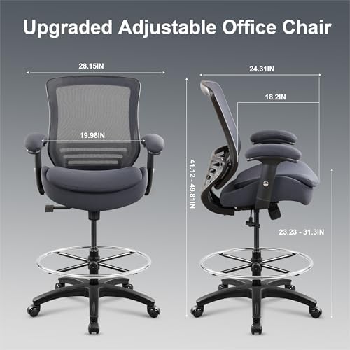 400lbs Wide Mid-Back Office Drafting Chair with Extra Seat Cushion for High Standing Desk with Lumbar Support and Enlarged Adjustable Footring(Gray)