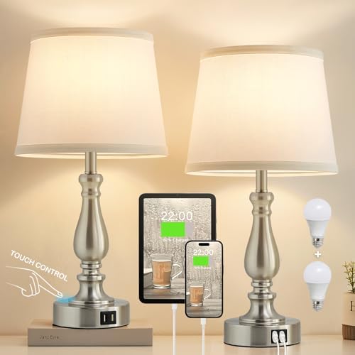 EJIAXIN Table Lamps for Bedrooms Set of 2 - Touch Bedside Lamps with USB C+A Ports,Dimmable White Nightstand Lamps for End Tables, Farmhouse Night Stand Lamps for Living Room Bed Side Guest Room
