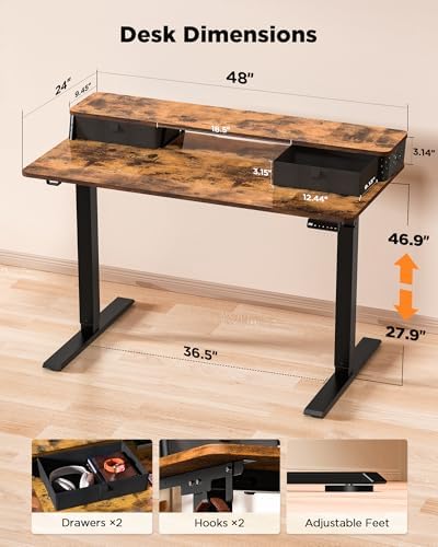 FiCiHi 48x24 Inch Electric Standing Desk, 2 Drawers, Adjustable Height Desk