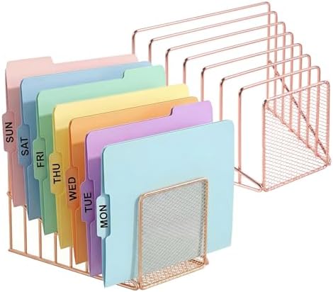 2 Pcs Incline File Sorter, 7 Slot Magazine Holder for Letter, Document, Folder and Book, Metal Desktop Organizer Rack for Home, School and Office (2-rose gold)