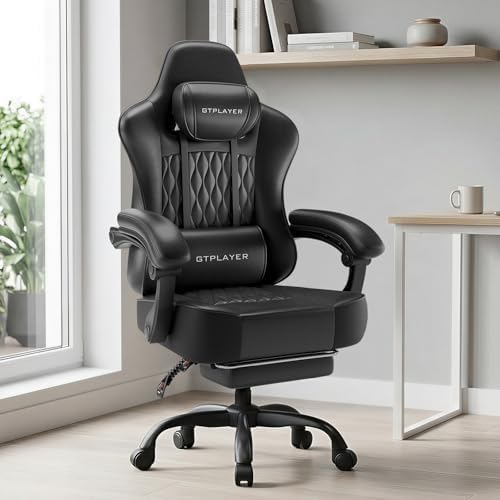 GTPLAYER Big and Tall Gaming Chair with Footrest, Ergonomic Office Desk Chair with 4.4in Thick Cushion and Wide Wingless Seat, Comfortable Leather Computer Chair, Predator Series, Satin Black