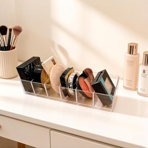 6-Compartment Clear Acrylic Organizer with Detachable Dividers, Eyeshadow Palette & Cosmetic Holder for Vanity Drawer, Cosmetic Station & Makeup Desktop