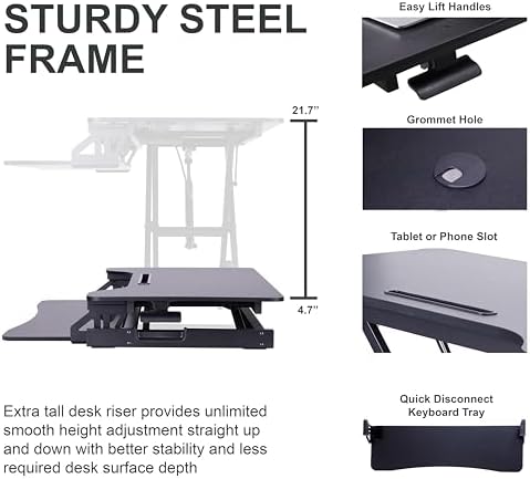Rocelco 43" Height Adjustable Standing Desk Converter with Dual Monitor Arm Mount - Tall Stand Up Tabletop Riser and Tablet Slot - Computer Workstation - Deep Keyboard Tray - Black (R VADRB-43-DM2)