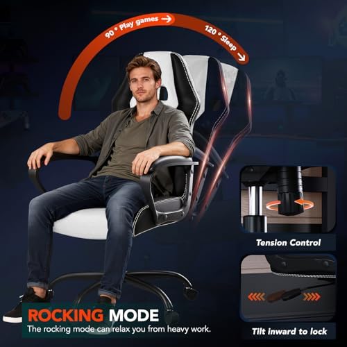 BestOffice Gaming Chair with Massage, Ergonomic Office Desk Chair, Adjustable Lumbar Support & Headrest,Computer Task Chair, 360° Swivel for Adults (White)