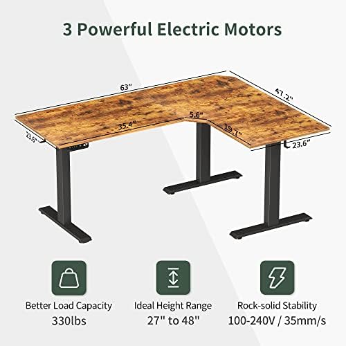 FEZIBO Triple Motor 63" L Shaped Standing Desk, Electric Standing Gaming Desk Adjustable Height, Corner Stand up Desk with Splice Board, Black Frame/Rustic Brown Top