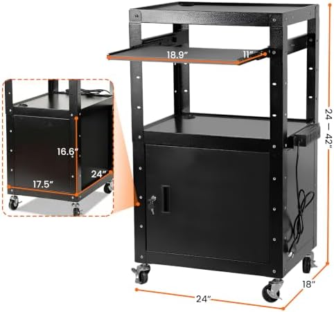 AV Cart with Wheels and Power, Locking Cabinet and Keyboard Tray