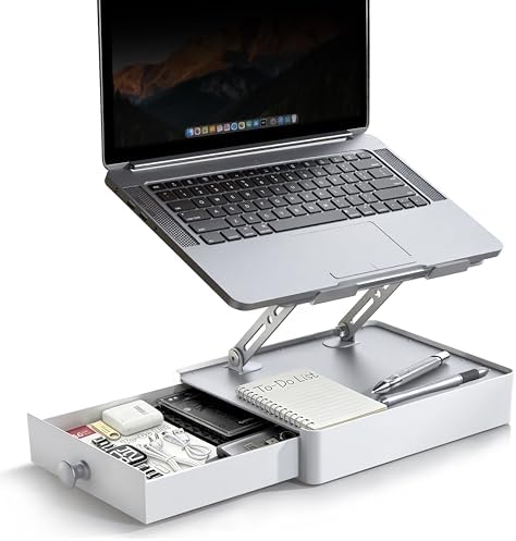 Laptop Stand with Storage Drawer, Adjustable Laptop Riser for Desk, Silver