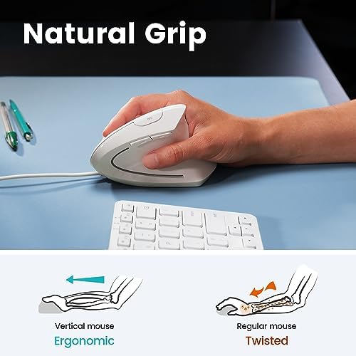 Perixx PERIMICE-513W Wired Ergonomic USB Mouse - 6 Buttons with 1000/1600 DPI - Vertical Right-Handed Design - White