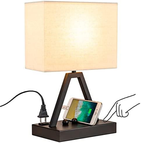 Briever Touch Control Table Lamp, 3-Way Dimmable Desk Lamp with USB C & USB A and AC Outlet, Bedside Lamps with Phone Stands for Bedroom, Living Room, Office, LED Bulb Included, Black
