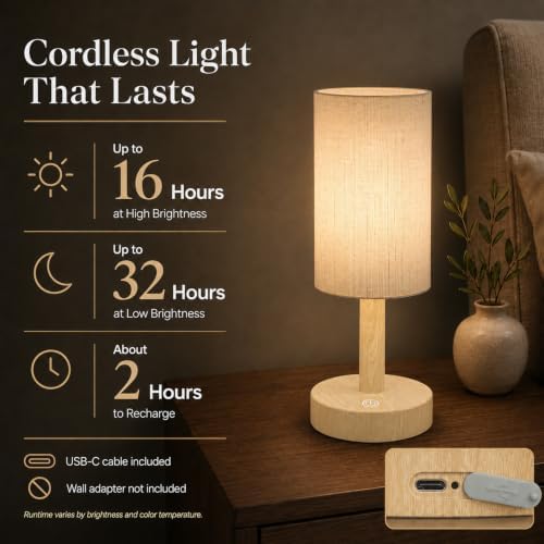 Small Rechargeable Cordless Table Lamp, Nightstand to Desk, Light Oak