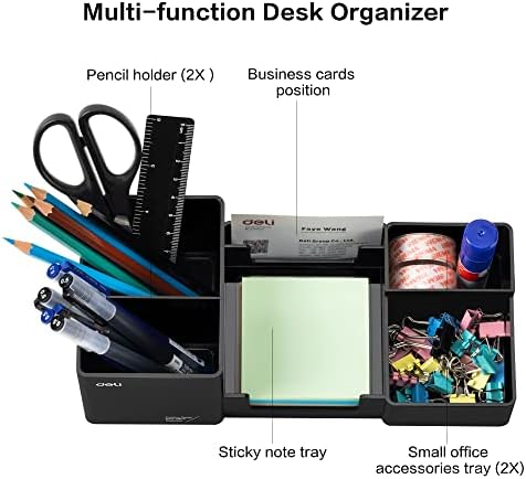 deli Desk Organizer, Plastic Desktop Organizer with Pencil Holder and Sticky Note Tray, Office Stationery Supplies Organizers Accessories Caddy, 6 Compartments, Black
