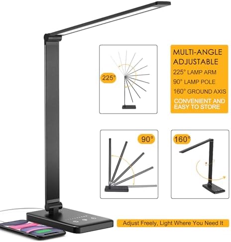 Led Desk Lamp, Desk Lamp with USB Charging Port, 5 Color Modes, 10 Brightness, Natural Light, Eye Caring Reading Lamp, Desk Light for Home Office, Table Lamp, Touch Control, Auto-Timer, Black