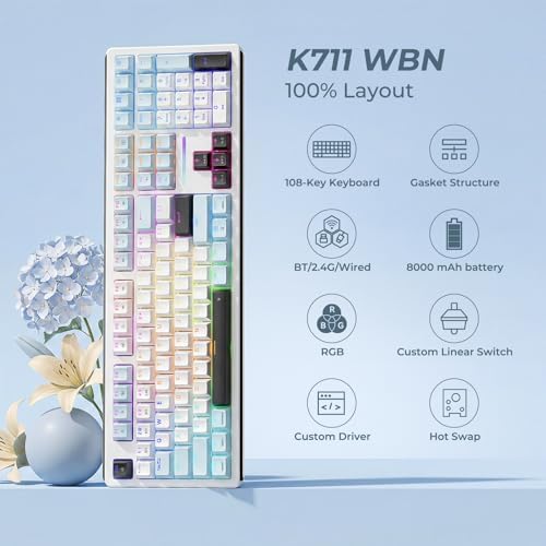 Redragon K771 Wireless Mechanical Keyboard, 108-Key Gaming Keyboard with 4 Extra Hotkeys, 5-Layer Noise Dampening, Pre-lubed Linear Switches, Hot-swap Custom RGB Keyboard for PC/Mac - Blue&White