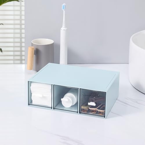 MILULUGO Plastic 3 Drawer Organizer for Cosmetic Storage, Desk Organizer, Makeup Organizer for nail polish, Lipstick, Brushes, Jewelry, Skincare, Bathroom Organization Boxes - Blue