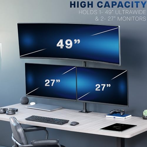 VIVO Triple Monitor Extra Tall Desk Mount for up to 49 inch Ultrawides on Center Bracket and 27 inch Screens on Side Brackets, Holds up to 44 lbs, Black, STAND-V103T