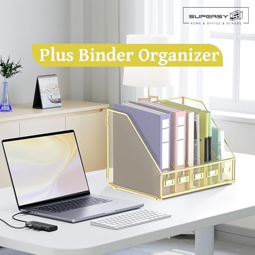 SUPEASY Desk Organizers Metal Desk Magazine File Holder with 5 Vertical Compartments Rack File Organizer for Office Desktop, Home Workspace, Gold Plus