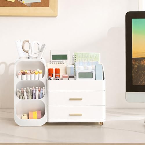 HBlife Desk Organizer with Pen Pencil Holder for Desk, Pen Organizer with 2 Drawers, Desk Organizers and Accessories with 4 Compartments, Desktop Storage for Office Home School Art Supplies, All White