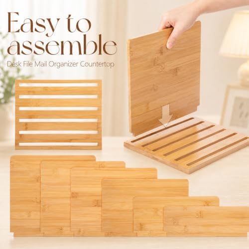 Gilprop 2 Pack 5 Slots Bamboo File Organizer, 7.9 × 7.78 × 9.5 Inches Desk Mail Organizer Countertop, Paper Letter Envelope Sorter Holder for Home Office Document Storage