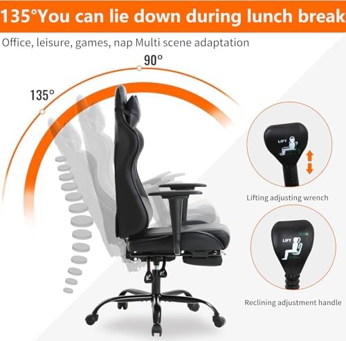 PC Gaming Chair with Footrest, Ergonomic Home Office Chair with Lumbar Support & Headrest Pillow, Black