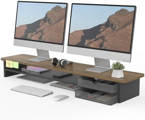 Fenge Monitor Stand, Desk Computer Riser with Frosted Storage Drawer, Brown