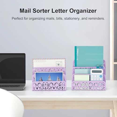 EasyPAG Mail Organizer Countertop 2pc Desk Mail Sorter for Envelope 3-Slot Vertical Letter Holder for Office, Home, School, Purple