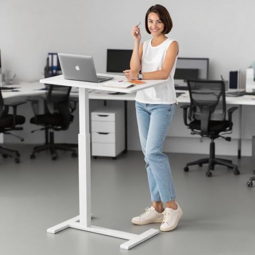 GallopFun Rolling Teacher Standing Desk with Hidden Wheels,Pneumatic Mobile Laptop Table Height Adjustable Small Sit Standing Desk for Home Office,White