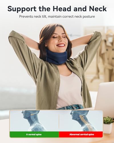 Heated Neck Brace Cervical Collar - Neck Support Brace with Heating Pad, Soft Foam Keep Vertebrae Stable and Aligned for Relief of Cervical Spine Pressure for Women & Men (Medium Size) Blue