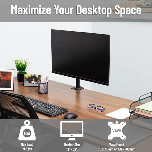 Mind Reader Single Monitor Desk Mount for 13–32 Inch Screens, Adjustable Arm with 180° Rotation, ±90° Swivel, ±45° Tilt, VESA 75x75/100x100, Integrated Cable Management, Up to 17.6 lbs Load, Black