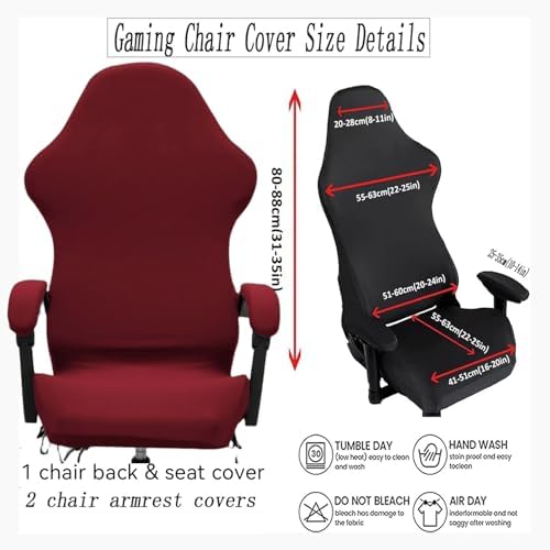 Gaming Chair Cover Set with Armrest Covers, Stretch Ruffled Slipcover for Racing Office Computer Reclining Chairs (Wine red)