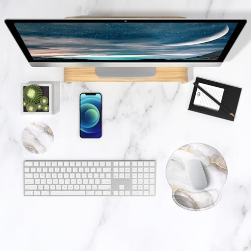 ITNRSIIET Ergonomic Mouse Pad with Wrist Support Wrist Rest Smooth Surface Non-Slip Rubber Base Comfortable Office Supplies Pain Relief, 9.8 x 9.1 inches, White marbling