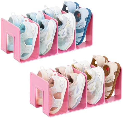 HBlife Pink Acrylic Kids Shoe Rack for Closet Organizers and Storage, Small Shoe Rack 4 Sections Toddler Baby Shoe Storage Organizer Stackable Shoe Shelf,Desk File Sorter Book Purse Organizer(2 Pack)