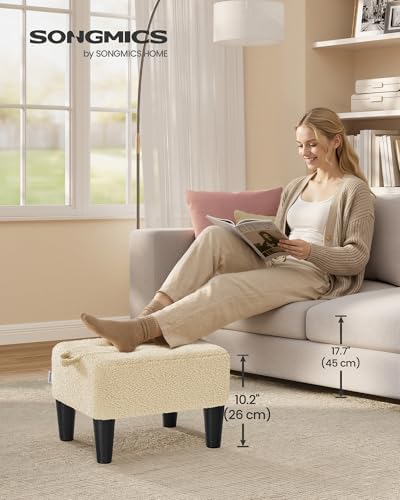 SONGMICS Foot Stool, Small Teddy Fleece Ottoman with Thick Cushion
