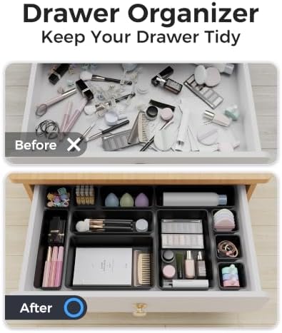 BiuLeon 25 PCS Plastic Drawer Organizers Set, 4-Sizes Vanity and Makeup Organizer, Desk and bathroom Drawer Organizer Trays, Organizers and Storage for Makeup, Jewelry, Gadgets, Utensils (Black)