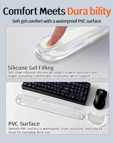 Clear Gel Keyboard Wrist Rest with Mouse Pad Wrist Support, Ergonomic Wrist Rest for Computer Keyboard and Mouse, Non-Slip Cooling Keyboard Pad for Office, Gaming & Laptop (Clear)