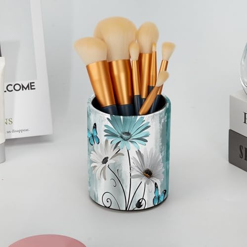 Farm Teal Daisy Butterfly on Country Wooden Pen Holder Pencil Organizer Cute Pencil Cup Desk Decor Makeup Brush Holder PU Multifunctional Office Supplies for Home Classroom School