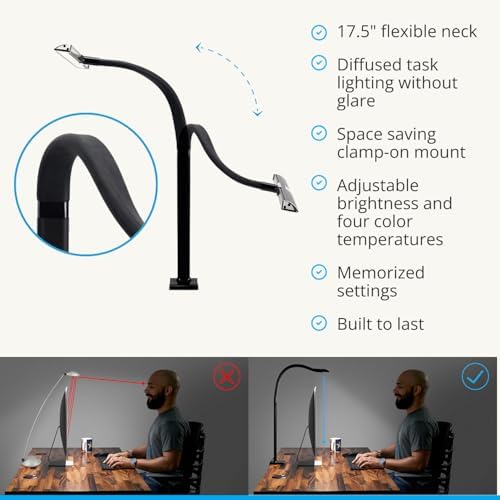 UPLIFT DESK Sliding Flex Clamp Lamp – LED Office Desk Lamp with Clamp with 6 Brightness Levels and 4 Color Temperatures, Great Work from Home and Office Accessories (Black)