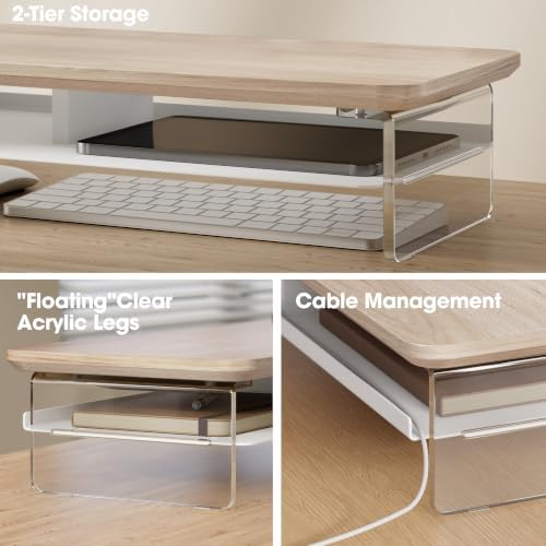 Fenge 42.5" Dual Monitor Stand with Clear Acrylic Legs, Oak