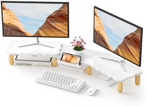 AFOOYO Dual Monitor Riser, Cookie-Shaped Adjustable Length & Swivel Angle, Wooden Desktop Organizer for 2 Monitors,Monitor Stand with Drawer for Laptop, PC, Computer, Printer,White