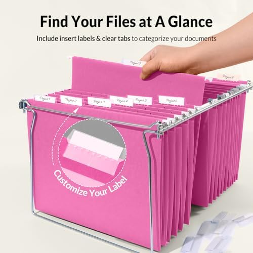SUNEE Hanging File Folders, 25 Pack Letter Size Hanging File Folders with 1/5-Cut Tabs, Ideal for Home and Office Organization and Papers Classification, Bright Neon Pink