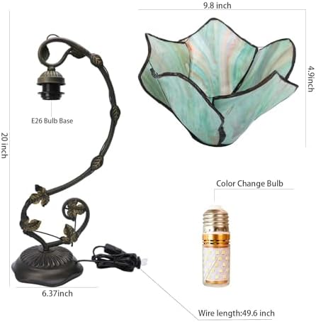Stained Glass Table Lamp, Green Flower Style Metal Leaf Base Desk Reading Light, Adjustable 3 Color Temperature Decor for Bedroom Home Office