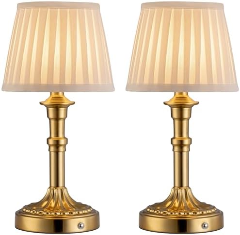 KDG Gold Cordless Table Lamps Set of 2, Beige Fabric Shade Small Desk Lamp