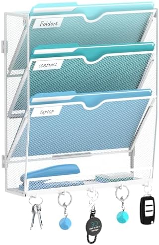 4-Tier Wall File Organizer and Mail Organizer with 5 Hooks, White